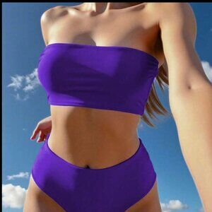 Swim Summer Beach Lace Up Back Bandeau High Waisted Bikini Set